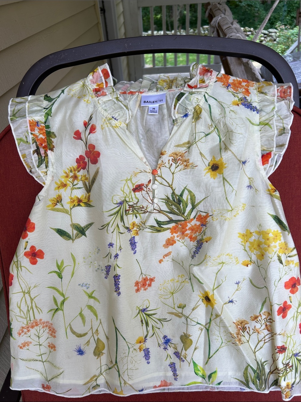 Bailey 44 Light Yellow Floral Ruffle-Sleeve Women’s lined shirt